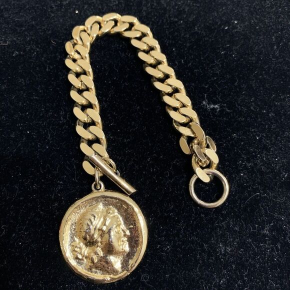 Vintage Metal Single Roman Coin Chunky Link Bracelet Charm Heavy Gold Tone Small - Picture 4 of 7